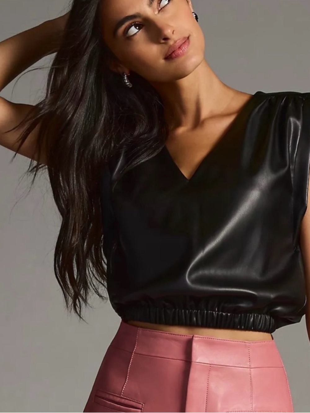 Ramy Brook Annabelle Faux Leather Black V Neck Sleevless Top Moto Goth Small